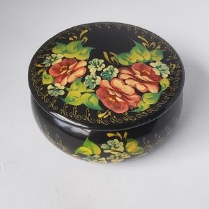 Vintage Black Laquered Trinket Box Handpainted In Estonia in 2009